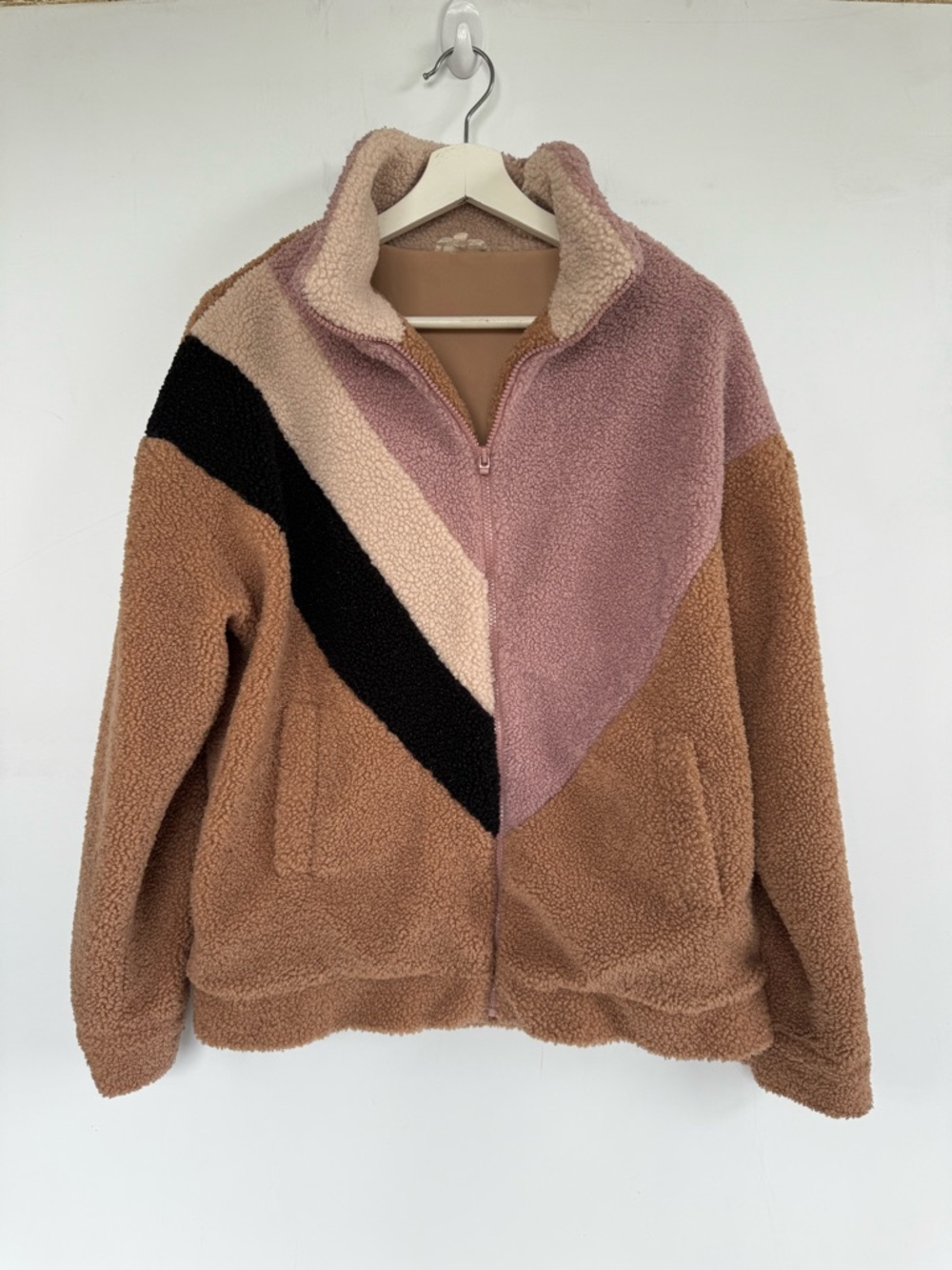 Aaron & Amber Colorblock Sherpa Zip Jacket - Pink & Tan Size Medium